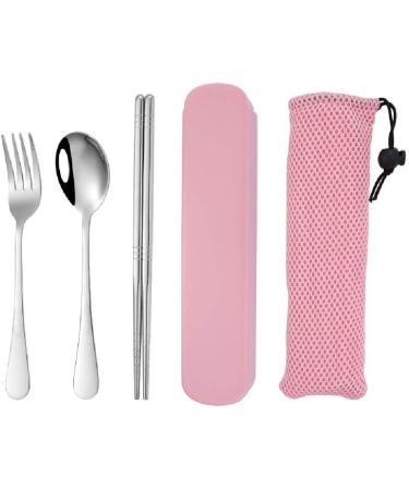 Stainless Steel Portable Tableware Three Piece Student Fork Spoon Chopsticks Set Pink - Buy Online on GoSupps.com