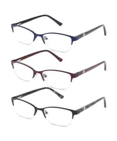 CRGATV 3-Pack Reading Glasses for Women Blue Light Blocking Metal Half Frame Computer Readers Anti UV/Eye Strain/Glare (+2.5 Magnification Strength) Black Blue Red 2.5 x
