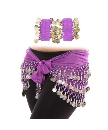 Cooyeah Belly Dance Skirt and Belly Dance Wrist Ankle Cuffs Bracelets waist :145*24cm,bracelet:elastic Purple