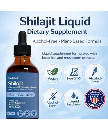 Herbana Shilajit Dietary Supplement with Ashwagandha Rhodiola Ginseng Ginger Turmeric Chaga Cordyceps Alcohol Free Vegan Gluten Free Non GMO 4 fl oz 60-Day Supply - Buy Online on GoSupps.com