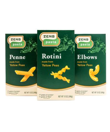 ZENB Plant Based Pasta, Made From 100% Yellow Peas, Gluten Free, Rotini, Elbows, and Penne Noodles Variety Pack, 12 oz Boxes (Pack of 3) Variety 12 Ounce (Pack of 3)