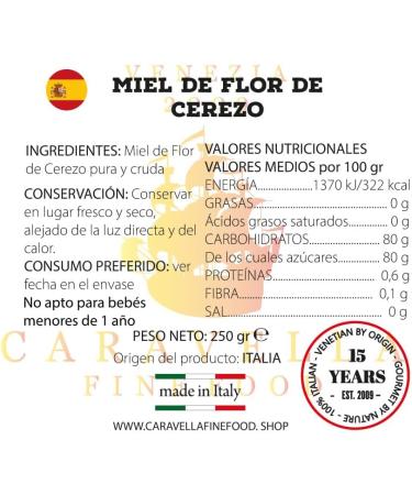 4x Cherry Blossom Honey 250g Caravella Fine Food Italian Spring Blossom Pure Raw Light amber colored with fruity floral notes Rich in antioxidants and vitamins Ideal for tea Cheese Breakfast - Buy Online on GoSupps.com