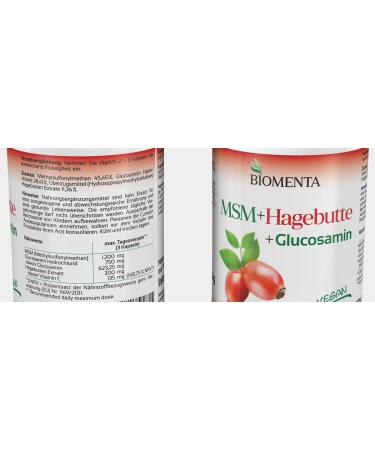 Biomenta MSM + Rose Hip + Glucosamine - 180 Allergen-Free Vegan Capsules | High-Dose 1200mg Sulfur 750mg Glucosamine HCL 300mg Rose Extract - Premium Quality - Buy Online on GoSupps.com