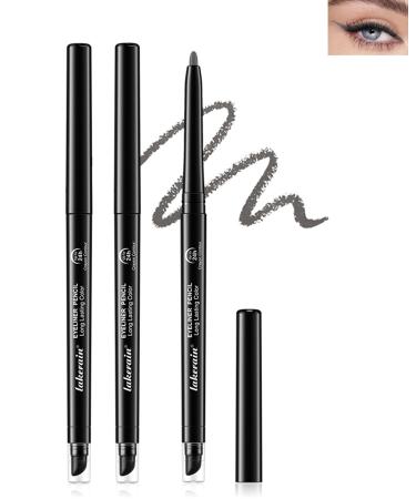 Grey Waterproof Eyeliner Pencil 2Pcs Smudge Proof Long Lasting Gel Eyeliner Creamy Smooth Waterline Eyeliner Highly Pigmented Micro-Fine Retractable Eyeliner with Built-In Sharpener & Smudger-05 05 Grey