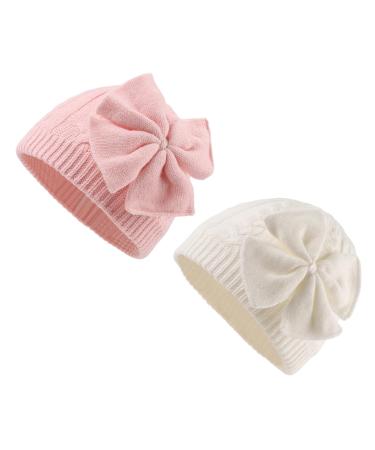 XIAOHAWANG Baby Girl Winter Hat Cute Bow Baby Beanie Warm Knitted Hats for Infant Toddler Girls 0-6 Months White+Pink