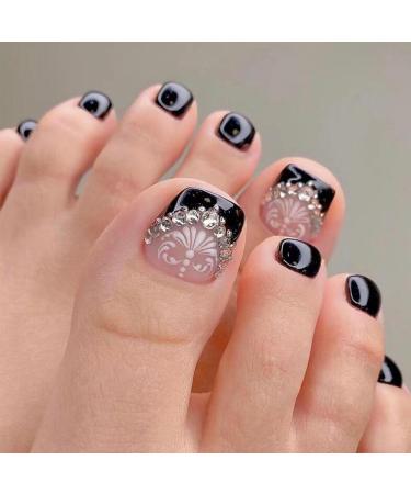Black French style Toenails with white small flower Rhinestones Chain design Press onToenails with Nail Tips Acrylic False Toenails Cute Artificial Toenails for Women and Girls
