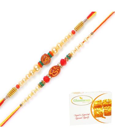 Ghasitaram Gifts Rakhi for Brother Rakhis Online - Set of 2 6135 6276 Om Pearl Rakhi Threads with 400 GMS of Besan Barfi