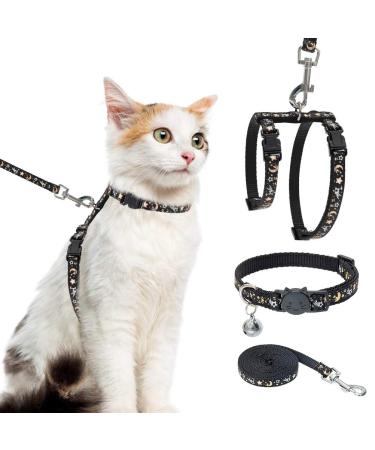 Cat Harness with Leash and Collar Set - Escape Proof Adjustable H-shped Cat Harness with Star and Moon Pattern Glow in The Dark for Kitty Outdoor Walking Black
