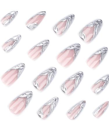 Shop Silver Stiletto Press-On Nails | Chrome French Tip Design | 24 Pcs Reusable Fake Nails for Perfect Manicure - Buy Online on GoSupps.com