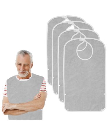 Reusable Terry Cloth Adult Bibs, Super Absorbent Waterproof Clothing Protector for Men, Women, Elderly, Grey 4pcs Grey