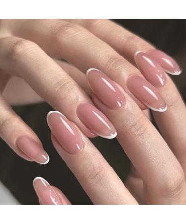 JUSTOTRY 24 Pcs Pink Oval Medium False Nails White Line French Press on Nails Short Pattern Pretty Fake Nails Short with Nail Glue Almond Stick on Nails for Women Nails Fake Nail for Nails Art white &line1