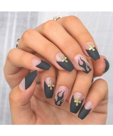 Sethexy black ballerina false fingernails matt coffin false nails fire nail nails 24st acrylic art you press on nail tips for women and girls