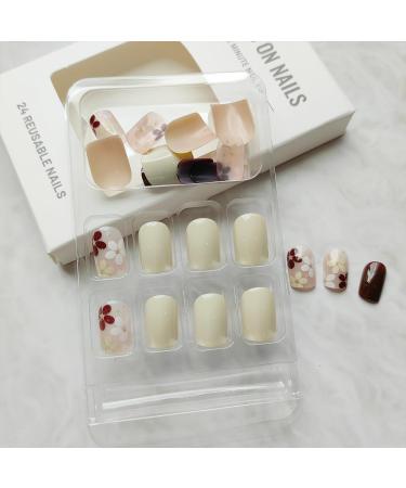 24Pcs Fall Fake Nails - Short Press On Square Acrylic Nails | Autumn Winter Maillard Color & Floral Design for Girls - Buy Online on GoSupps.com