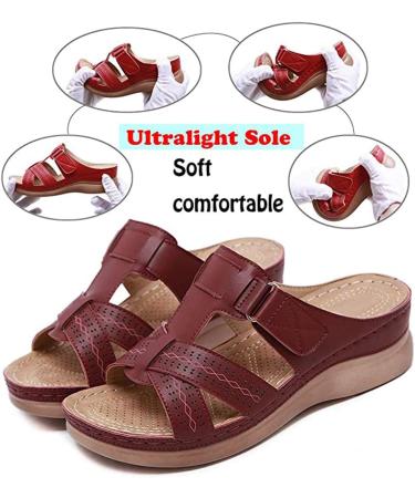 Women's Peep-Toe Sandals - Synthetic Leather Medium-High Wedge Heel Slip-On Light & Comfortable Summer Footwear (Burgundy Red 35 EU) - Buy Online on GoSupps.com