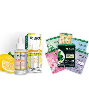 Garnier Vitamin C Serum + Garnier Moisture Bomb Sheet Masks (6 Pack) | Glow & Hydration Combo