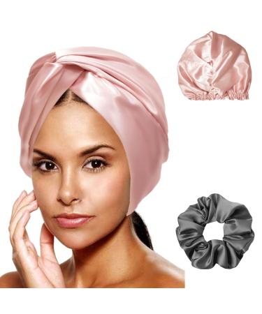 Cozysilk Silk Turban/Silk Bonnet - Double-Lined Pure Mulberry Silk 22 Momme - Including 1 Silk Scrunchy  Hair-Friendly and Lightweight Head Wrap + Sleep Cap for Curly/Thick Hair Types (Pink)