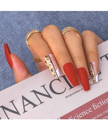 Sethexy Long Matt Ballerina Nails - Red Coffin Leopard Design | 24 Sparkle Acrylic Press-On Fingernails with Glue | Perfect for Women & Girls - Buy Online on GoSupps.com