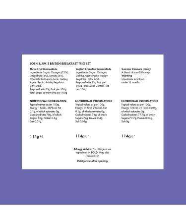 Josh & Jim's Gourmet Breakfast Preserve Set Trio - Marmalade & Honey - 3x114g - No Palm Oil - Ovo-Lacto Friendly - British Breakfast Trio - Buy Online on GoSupps.com