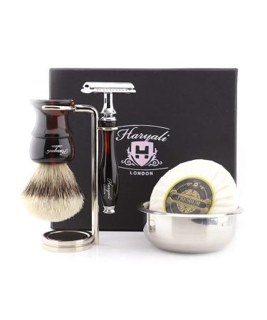 Haryali London Double Edge Safety Razor with Silver Tip Badger Hair Brush Stand Soap and Bowl Shaving Kit for Mens Perfect New Year Gift Set