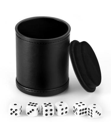 Felt Lined Dice Cup PU Leather Set, Quiet Shaker for Dice Board Family Games Yahtzee Farkle , Set of Six 16mm Rolling Dice Included