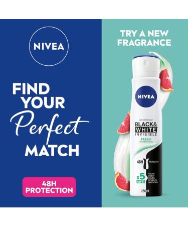 NIVEA Black & White Invisible Fresh Anti-Perspirant Deodorant Spray (250ml) 48hr Fresh Fragrance Deodorant for Women Alcohol Free Anti-Perspirant Spray for Women - Buy Online on GoSupps.com