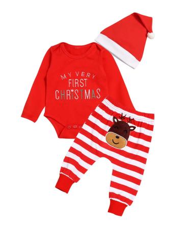 My First Christmas Baby Girls Boys Red Romper with Stripe Pants and Hat 3Pcs Newborn Outfit Set 3-6 Months Red