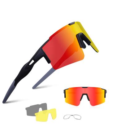 Banglong polarized sunglasses bicycle glasses men women UV 400 protection with 3 changing glasses protective glasses sports glasses for outdoor sports cycling run golf black/red