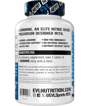 Evlution Nutrition L-Arginine - Supports Vasodilation & Nutrient Delivery - Nitric Oxide Precursor - 1000mg L-Arginine Per Serving - Promotes Muscle Pumps - Gluten Free - Non-GMO - 90 Servings - Buy Online on GoSupps.com