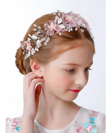 IYOU Flower Girl Headband Pink Floral Headpiece Pearl Leafs Commmunion Hair Vines Bridal Wedding Hair Accessories for Girls