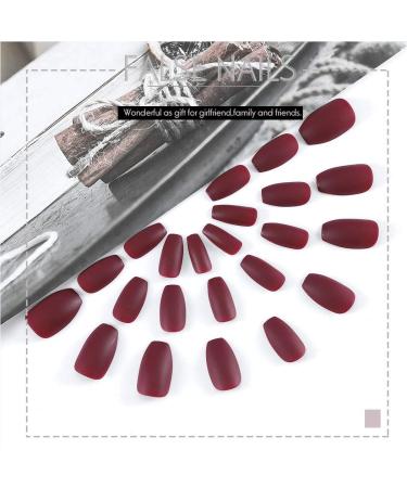 Flora Matte Ballerina Fake Nails - Vine Red Medium Press-On Nails for Women & Girls (24 Pieces) - Full Cover Artificial Nails - Buy Online on GoSupps.com