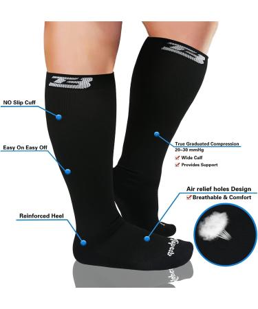 5XL Black Plus Size Compression Socks for Wide Calf Men & Women - 20-30 mmHg Breathable Knee High Support - Buy Online on GoSupps.com