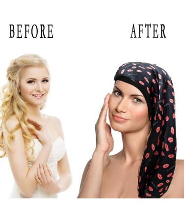 Ladaypoa 2-Piece Women Satin Sleep Cap - Double-Layer Adjustable Silk Hood for Curly Hair | Black & Red Lips - Buy Online on GoSupps.com