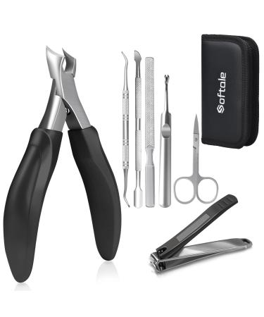 Softale Toenail Clippers Set 7 Pcs Ultra Sharp Curved Blade with Easy Grip Rubber Handle Podiatrist Large Toe Nails Clippers for Thick & Ingrown Toenails Premium Nail Treatment Tool Toenail Scissors 7 Piece Set Black+silver