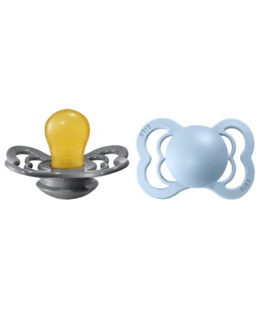 BIBS Supreme Baby Pacifier 2-Pack | Made in Denmark | BPA Free Dummy Soother Symmetrical Nipple. Natural Rubber Latex Size 1 (0-6 Months) Iron / Baby Blue