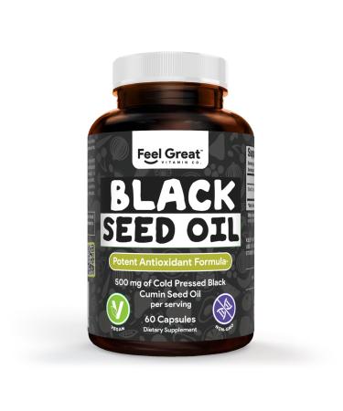 Feel Great Vitamins Black Seed Oil Softgels Cold-Pressed Nigella Sativa with Vitamin E 500mg 60 Vegan Capsules Non-GMO Made in USA