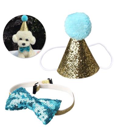 nuoshen Dog Birthday Cone Hat and Bow Tie Collar Sequin Set Mini Doggy Cat Birthday Party Decoration Headwear Hair Accessories Pet Headband + Bowknot Blue Small