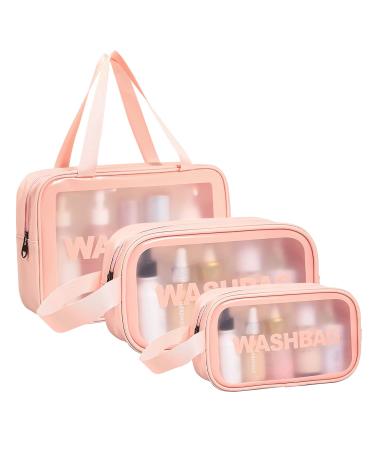 3 Pcs Clear Toiletry Bag Ladies Wash Bag Pink Makeup Bag Waterproof Toiletry Travel Bag Waterproof Clear Plastic Cosmetic Makeup Bags Transparent Travel Wash Bag for Women and Girls(Pink)
