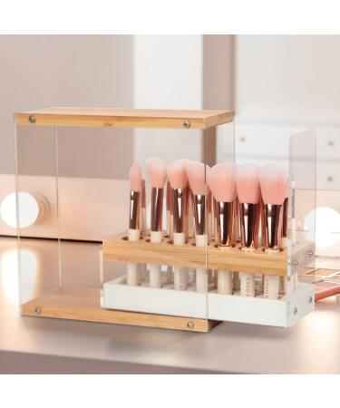 JackCubeDesign Acrylic Bamboo Brush Holder Organizer with Leather Drawer - White, 29 Holes, Beauty Cosmetic Display Stand - 8.77 x 3.34 x 8.42 inches - Buy Online on GoSupps.com