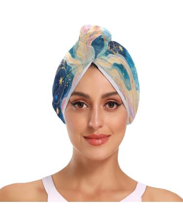 Starry Sky Planets Hair Towel 2 Pack Super Absorbent Hair Drying Towel Quick Dry Hair Turbans Head Towel with Button Twisty Wrap for Women Girls