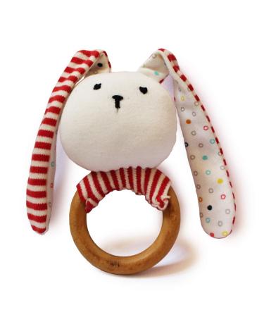 Shumee Striped Organic Bunny Teether - Non-Toxic Beachwood Rattle Ring (Age 6 Months+) | Natural Wooden Teething Ring Rattle New Born Photography (Bunny Rattle)
