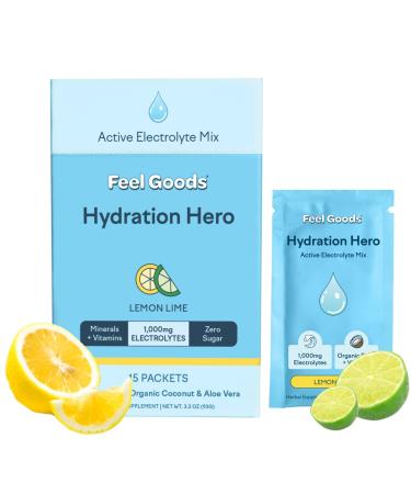 Feel Goods Hydration Hero Electrolytes Powder Sugar Free Organic Coconut Water Magnesium L Theanine Vitamin C & B12 Keto Vegan Non GMO On The Go Electrolyte Packets | Lemom Lime 15 Count Lemon Lime 15 Servings (Pack of 1)