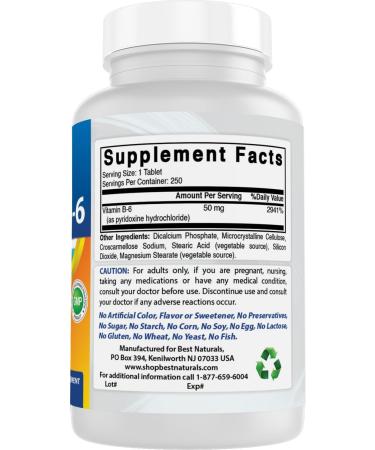 Best Naturals Vitamin B6 50 mg 250 Tablets (250 Count (Pack of 3)) - Buy Online on GoSupps.com