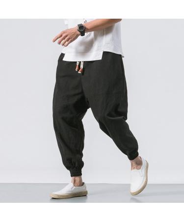 Men's Solid Cotton Trousers with Pockets | Elastic Waist & Leisure Pants | Sizes Up to XXXL in Black - Buy Online on GoSupps.com