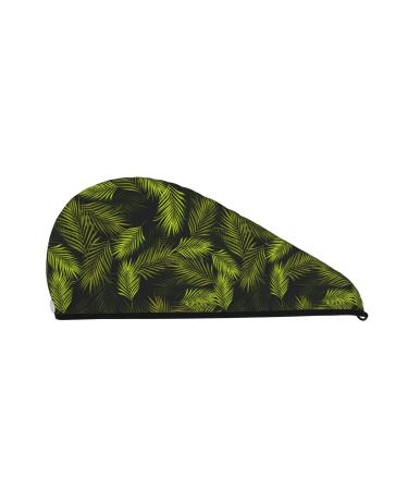 Hair Towel Wrap Hair Drying Towel with Button Towel Turban Head Towel to Dry Hair Quickly (Tropical Palm Leaves Fern Leaf)