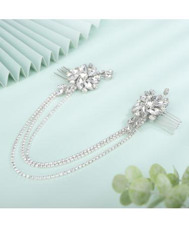 Kercisbeauty Silver Crystal Beads Hair Combs with Tennis Chain Headband Rhinestones Hair Jewelry for Wedding Brides Prom Banquet Hair Styling Hair Accessories