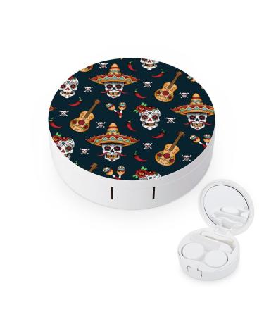 Mexican Sugar Skulls Chili Round Case For Contact Lens Kit Storage Box with Mirror Printed