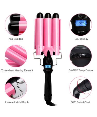 3 Barrel Curling Iron Wand Hair Crimper | 1 Inch Hair Waver Iron with LCD Temp Display | Ceramic Tourmaline Crimper Hair Iron | Pink Hair Curler - Adjustable Temperature - Buy Online on GoSupps.com