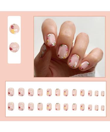 24Pcs Nude Pink Short Square Press on Nails with Summer Flowers Design - Glossy Acrylic Stick on Nails for Women - Buy Online on GoSupps.com