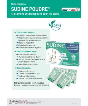 SORIFA - Pack of 40 - Sudine Powder Antiperspirant Treatment - Foot - Regulates perspiration - Absorbs - Prevents mycoses - Without aluminum salts - Made in France - Box of 6 double sachets - Buy Online on GoSupps.com