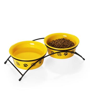 Sweejar Ceramic Elevated Cat Bowls, Small Dog Bowls, 15 Tilted Raised Pet Bowl with Solid Wooden Stand to Protect Spine, Water and Food Feeder for Cat and Dog, Pack of 2 Yellow 12 Fl Oz, Non-Slip Stand